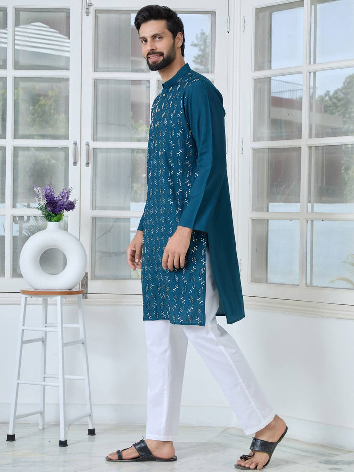 Blue Ethnic Motifs Embroidered Sequinned Mandarin Collar Straight Kurta with Pyjama with Pyjama