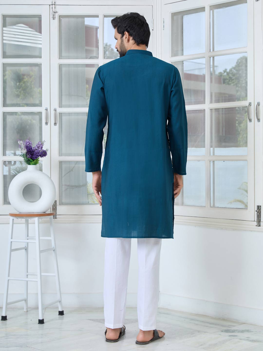 Blue Ethnic Motifs Embroidered Sequinned Mandarin Collar Straight Kurta with Pyjama with Pyjama