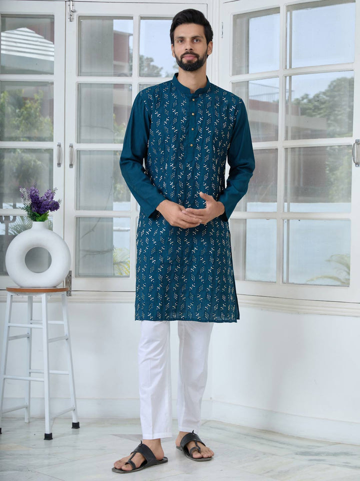 Blue Ethnic Motifs Embroidered Sequinned Mandarin Collar Straight Kurta with Pyjama with Pyjama