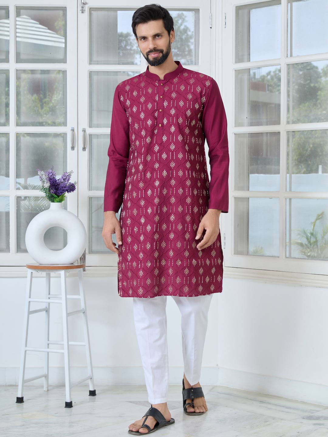 Maroon Ethnic Motifs Embroidered Sequinned Mandarin Collar Straight Kurta with Pyjama with Pyjama
