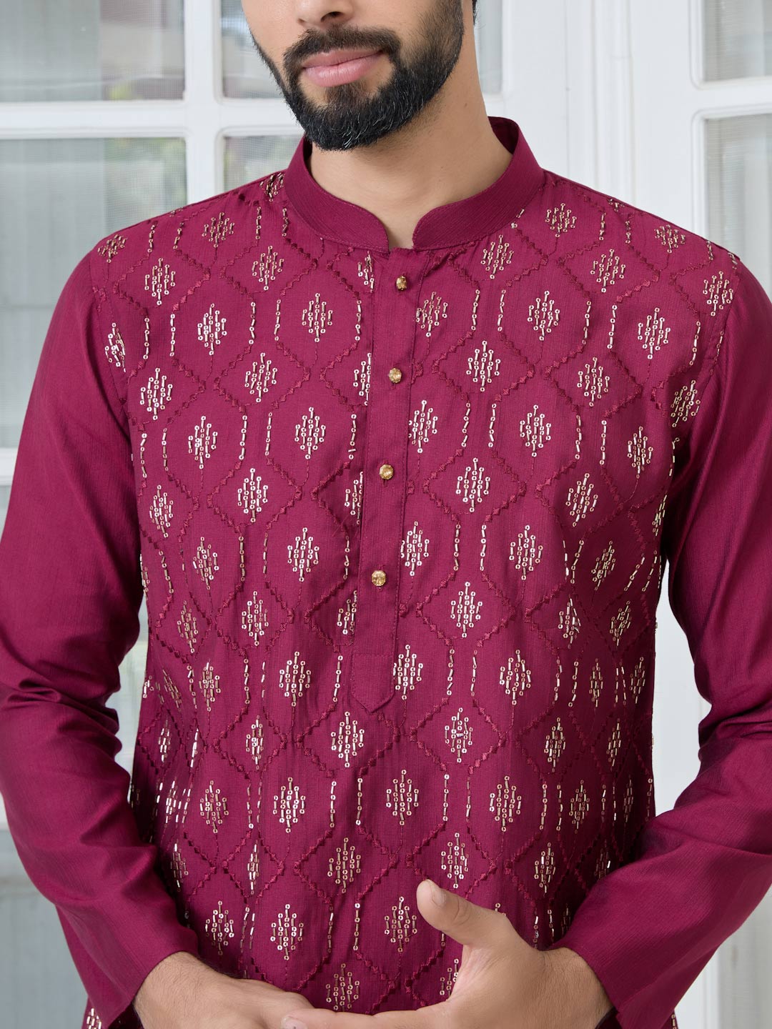 Maroon Ethnic Motifs Embroidered Sequinned Mandarin Collar Straight Kurta with Pyjama with Pyjama