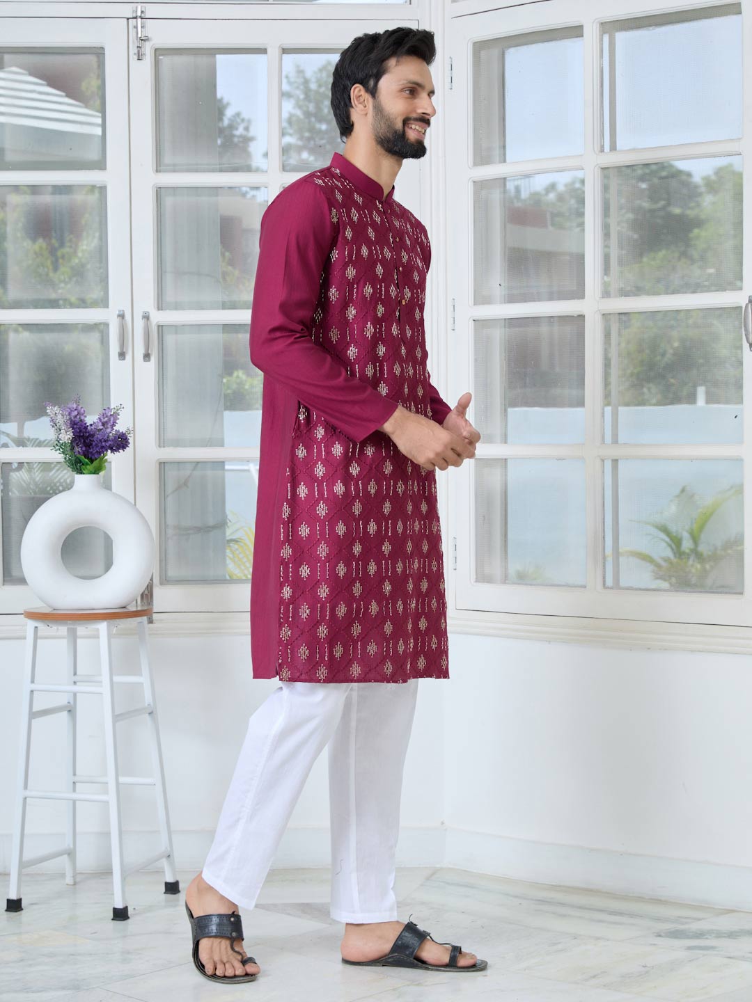 Maroon Ethnic Motifs Embroidered Sequinned Mandarin Collar Straight Kurta with Pyjama with Pyjama