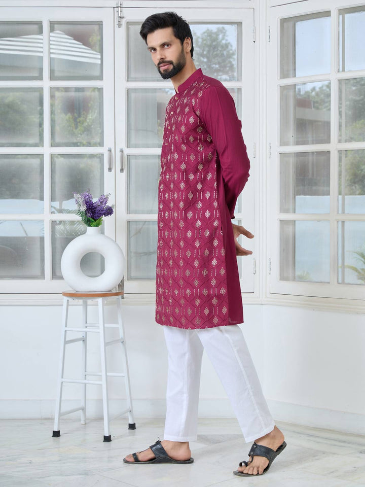 Maroon Ethnic Motifs Embroidered Sequinned Mandarin Collar Straight Kurta with Pyjama with Pyjama