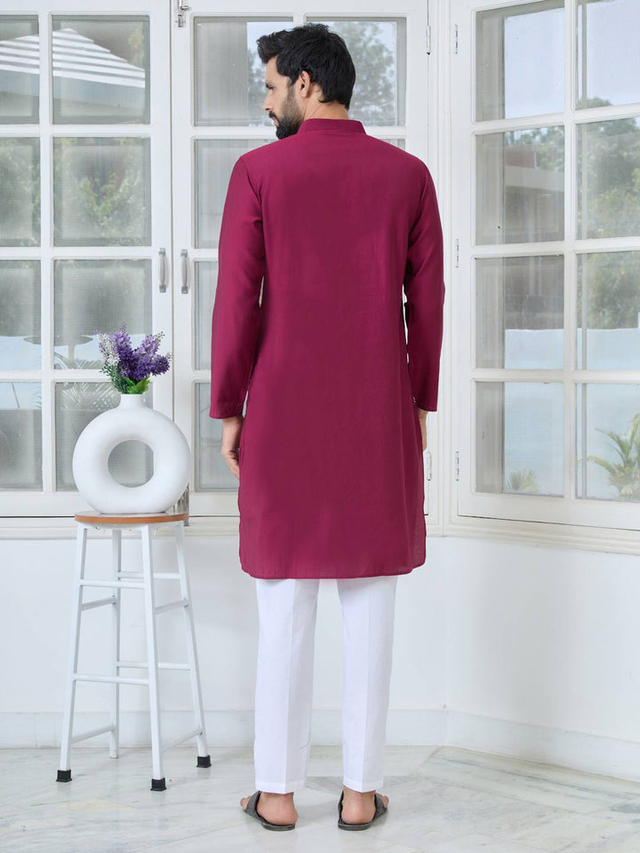 Maroon Ethnic Motifs Embroidered Sequinned Mandarin Collar Straight Kurta with Pyjama with Pyjama