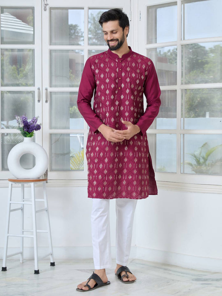 Maroon Ethnic Motifs Embroidered Sequinned Mandarin Collar Straight Kurta with Pyjama with Pyjama