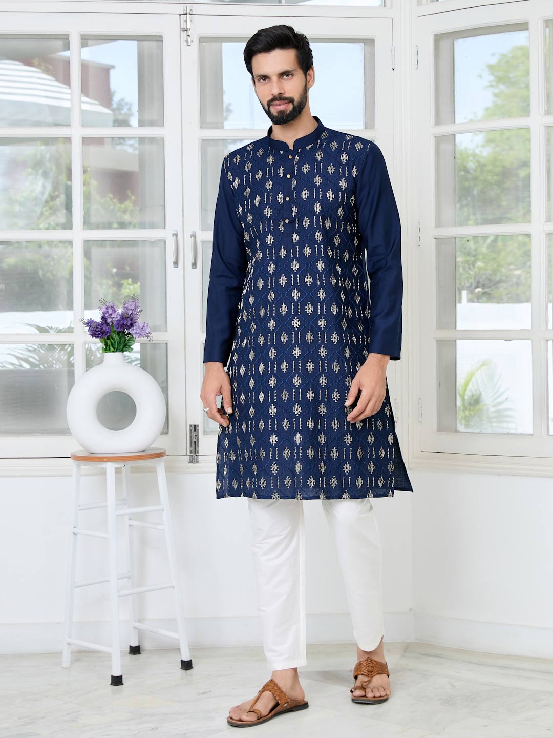 Blue Ethnic Motifs Embroidered Sequinned Mandarin Collar Straight Kurta with Pyjama with Pyjama