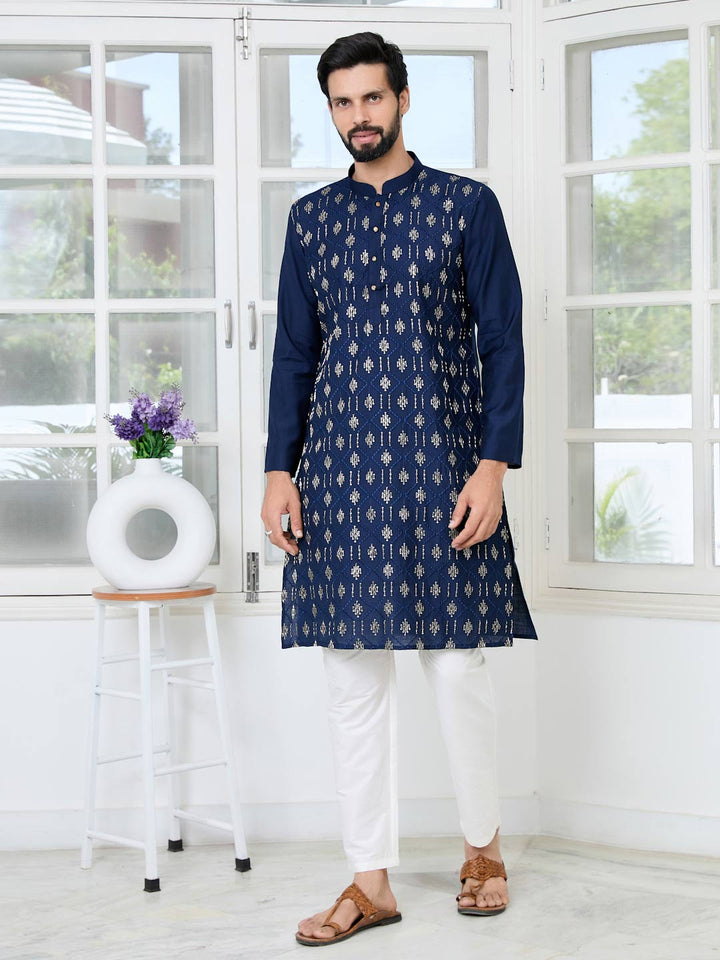 Blue Ethnic Motifs Embroidered Sequinned Mandarin Collar Straight Kurta with Pyjama with Pyjama