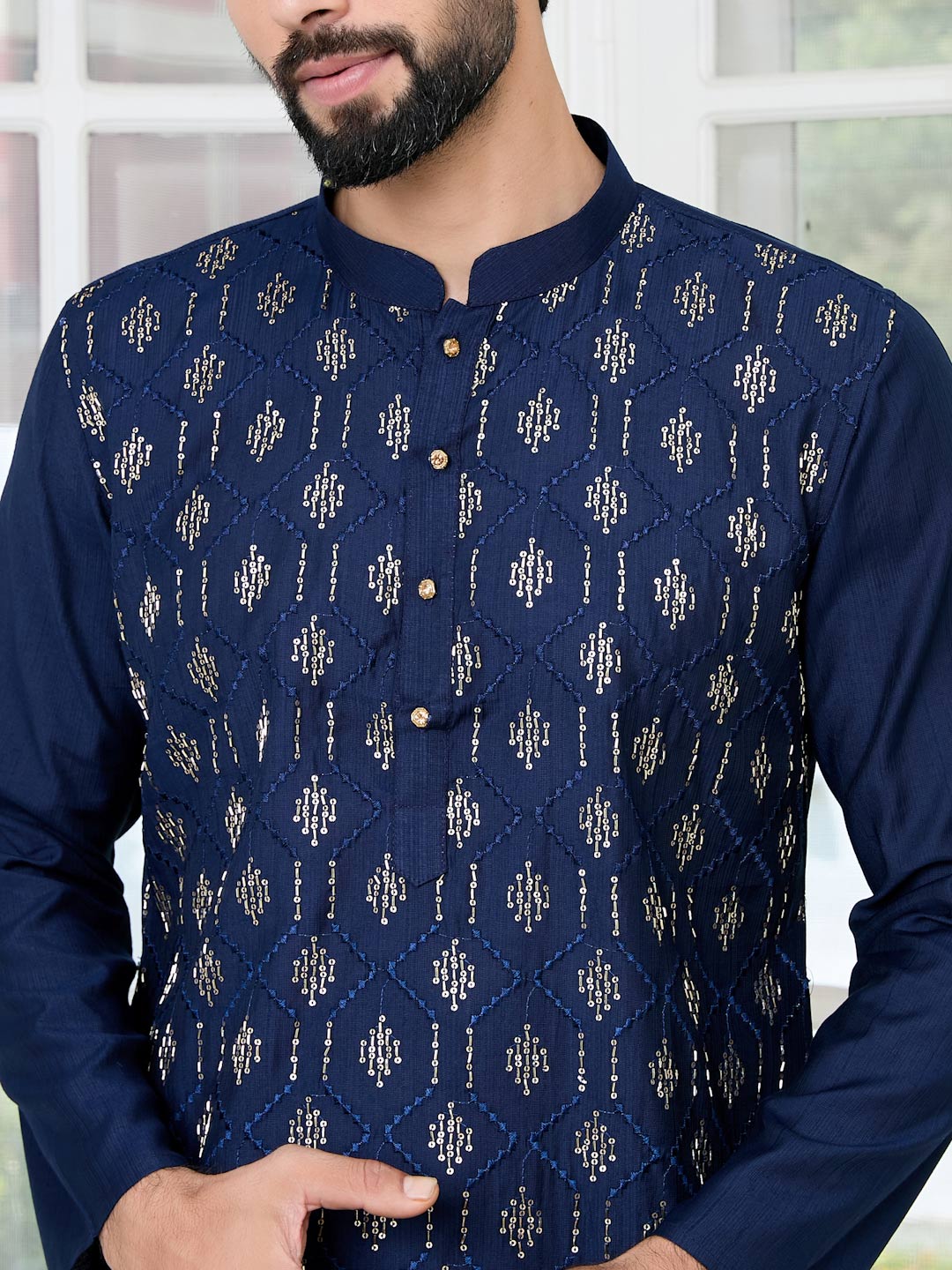 Blue Ethnic Motifs Embroidered Sequinned Mandarin Collar Straight Kurta with Pyjama with Pyjama