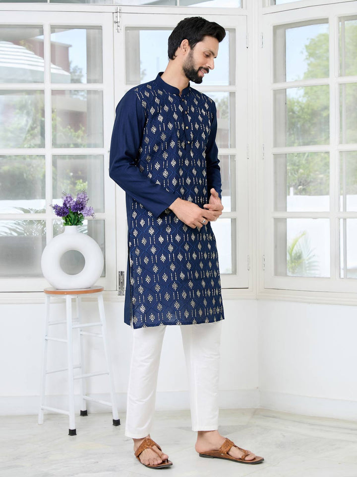 Blue Ethnic Motifs Embroidered Sequinned Mandarin Collar Straight Kurta with Pyjama with Pyjama