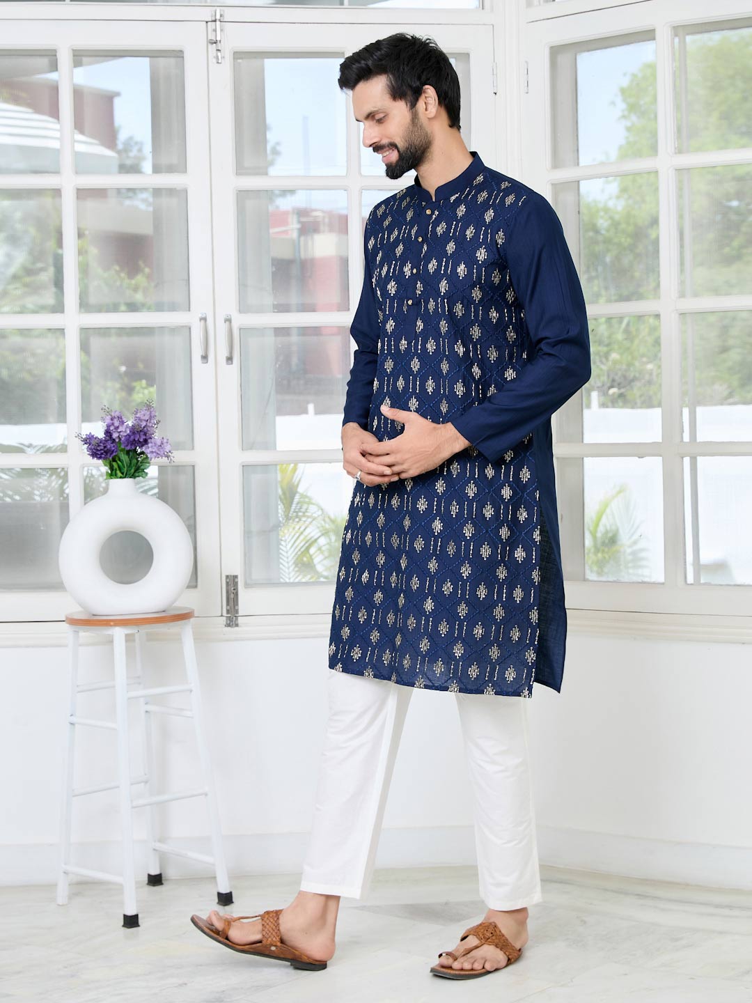 Blue Ethnic Motifs Embroidered Sequinned Mandarin Collar Straight Kurta with Pyjama with Pyjama