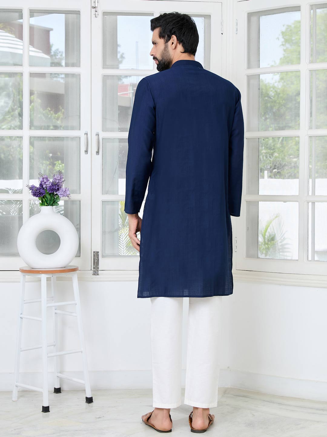 Blue Ethnic Motifs Embroidered Sequinned Mandarin Collar Straight Kurta with Pyjama with Pyjama