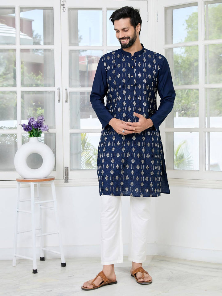 Blue Ethnic Motifs Embroidered Sequinned Mandarin Collar Straight Kurta with Pyjama with Pyjama