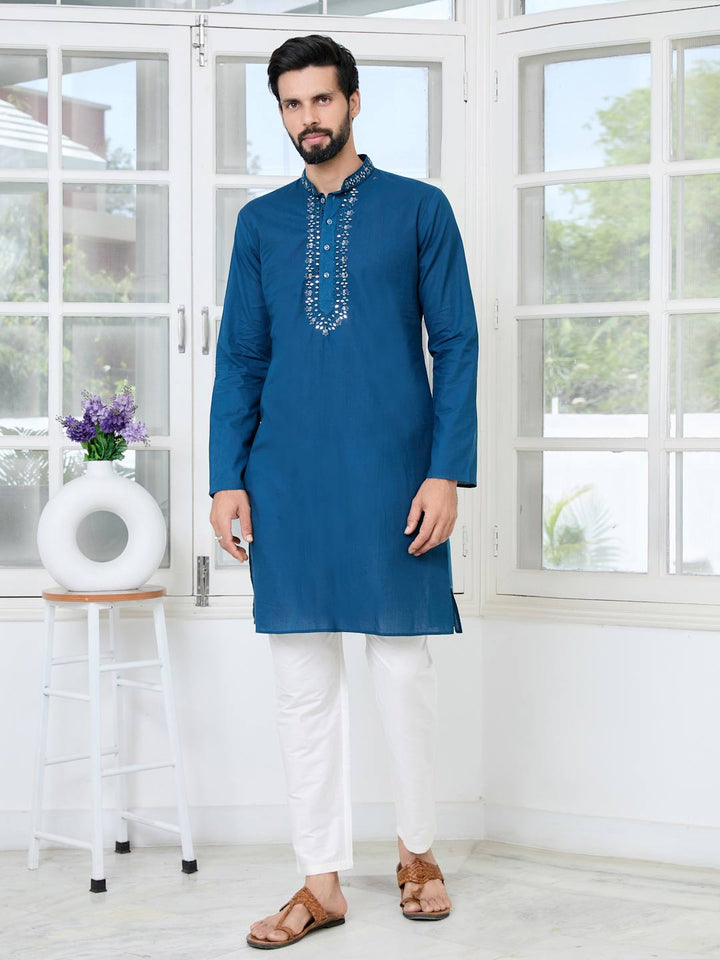 Blue Mirror Worked Cotton Straight Kurta with Pyjama with Pyjama