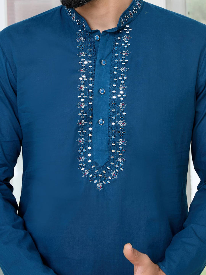Blue Mirror Worked Cotton Straight Kurta with Pyjama with Pyjama