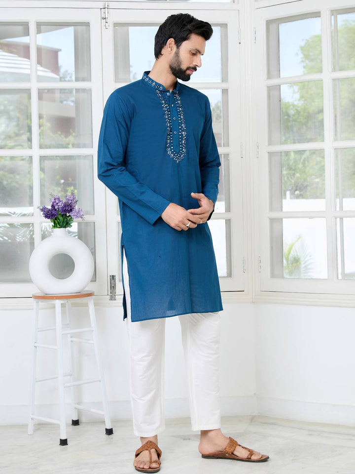 Blue Mirror Worked Cotton Straight Kurta with Pyjama with Pyjama