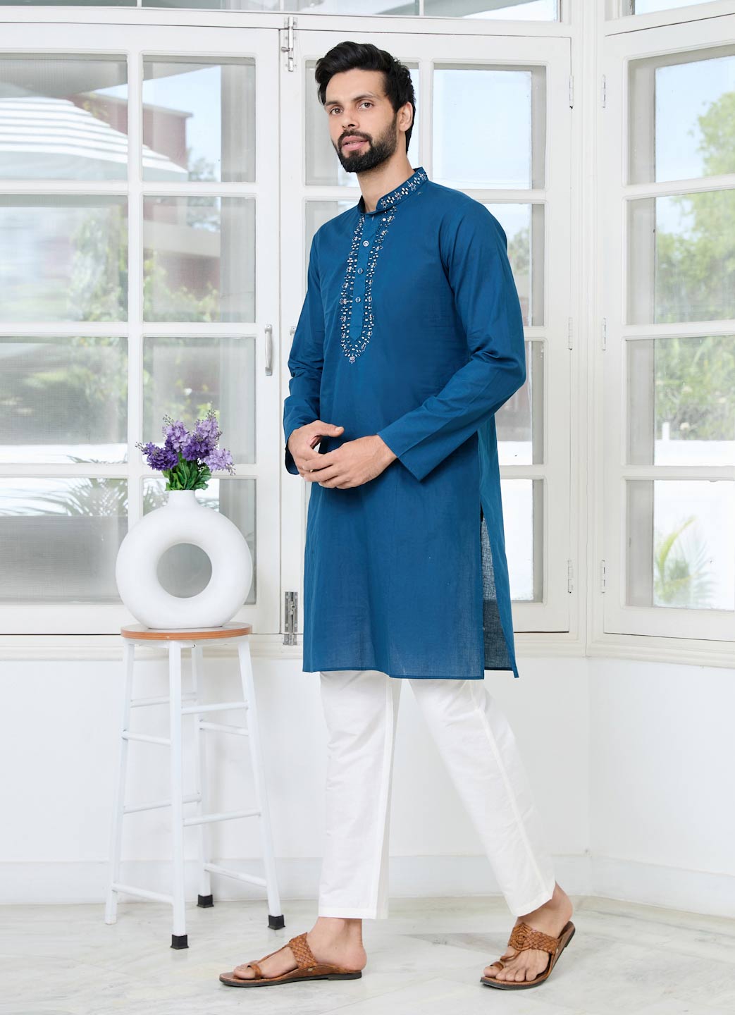 Blue Mirror Worked Cotton Straight Kurta with Pyjama with Pyjama