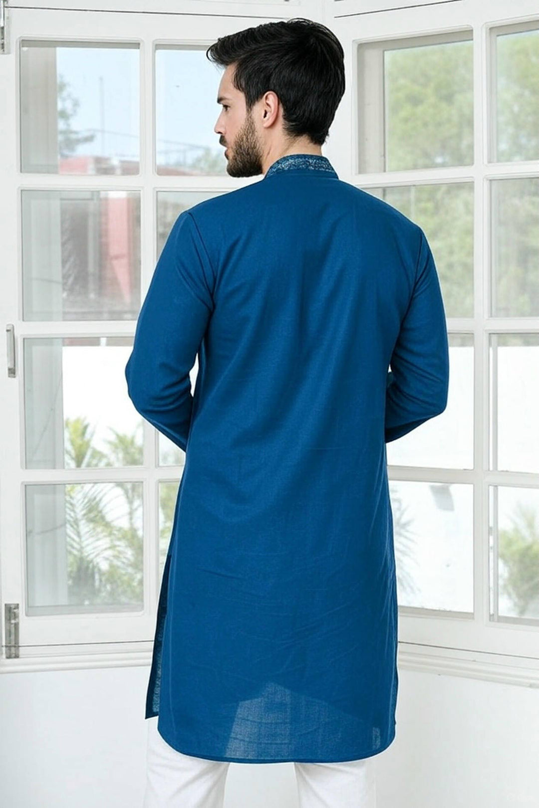 Blue Mirror Worked Cotton Straight Kurta with Pyjama with Pyjama