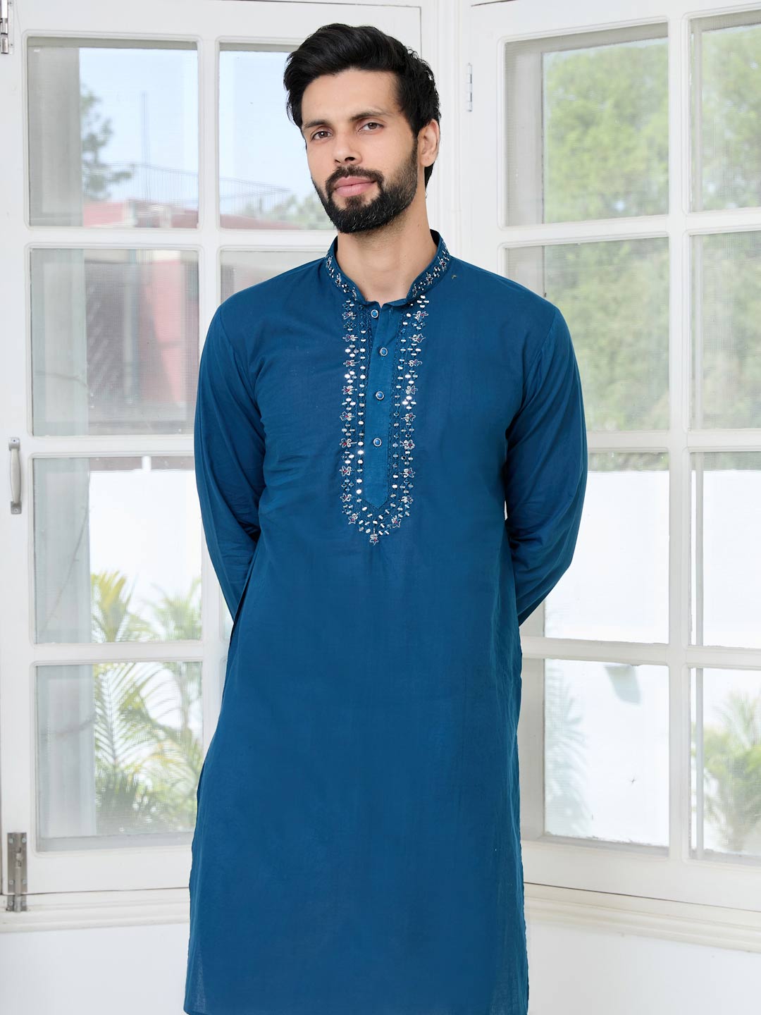 Blue Mirror Worked Cotton Straight Kurta with Pyjama with Pyjama