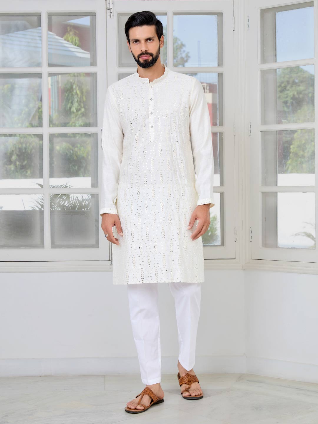 Cream Sequins Embroidered Straight Kurta with Pyjama with Pyjama