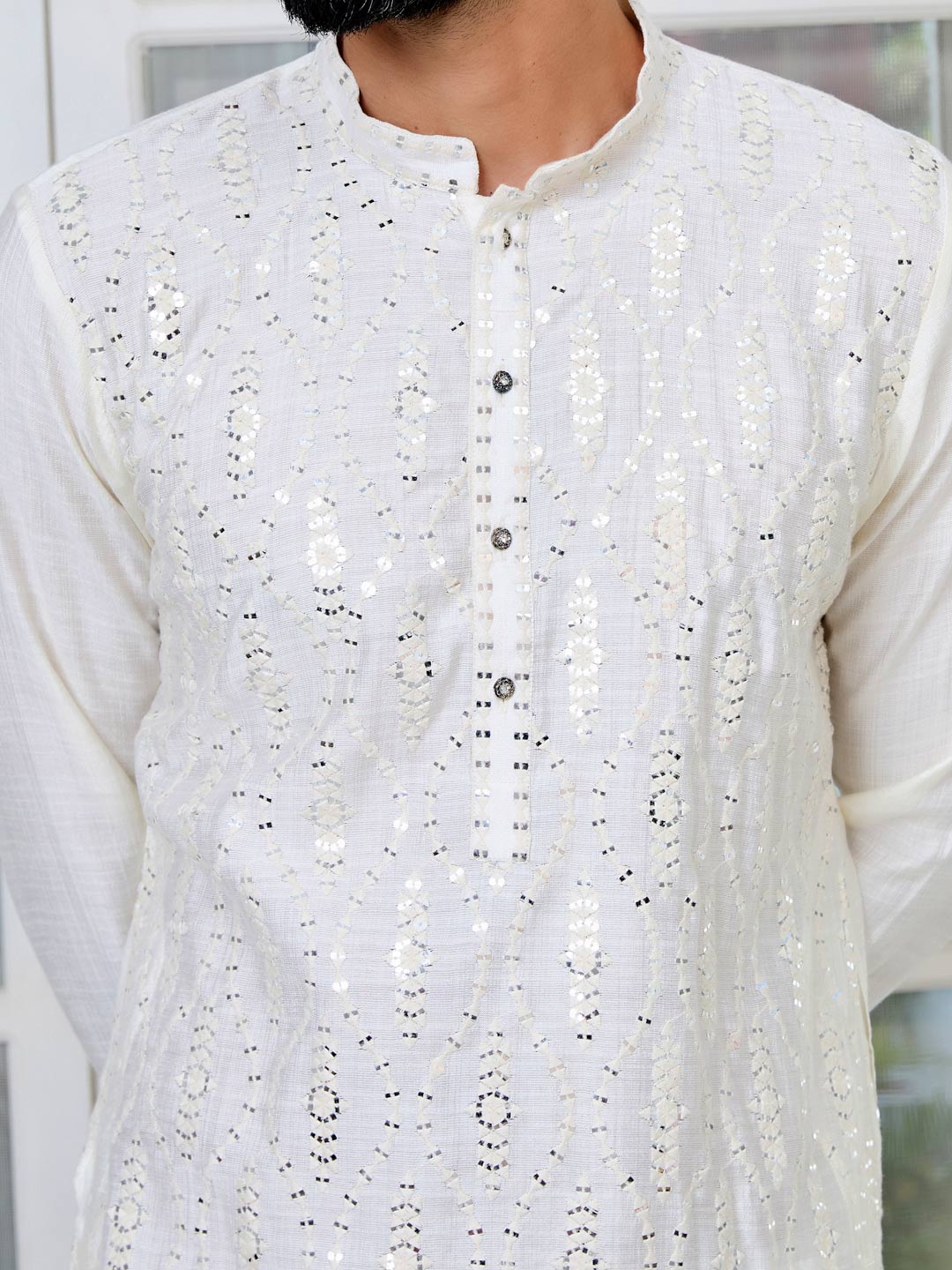 Cream Sequins Embroidered Straight Kurta with Pyjama with Pyjama