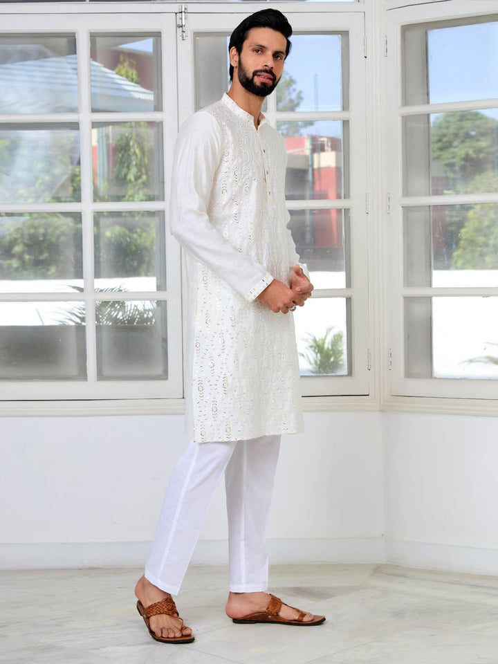 Cream Sequins Embroidered Straight Kurta with Pyjama with Pyjama