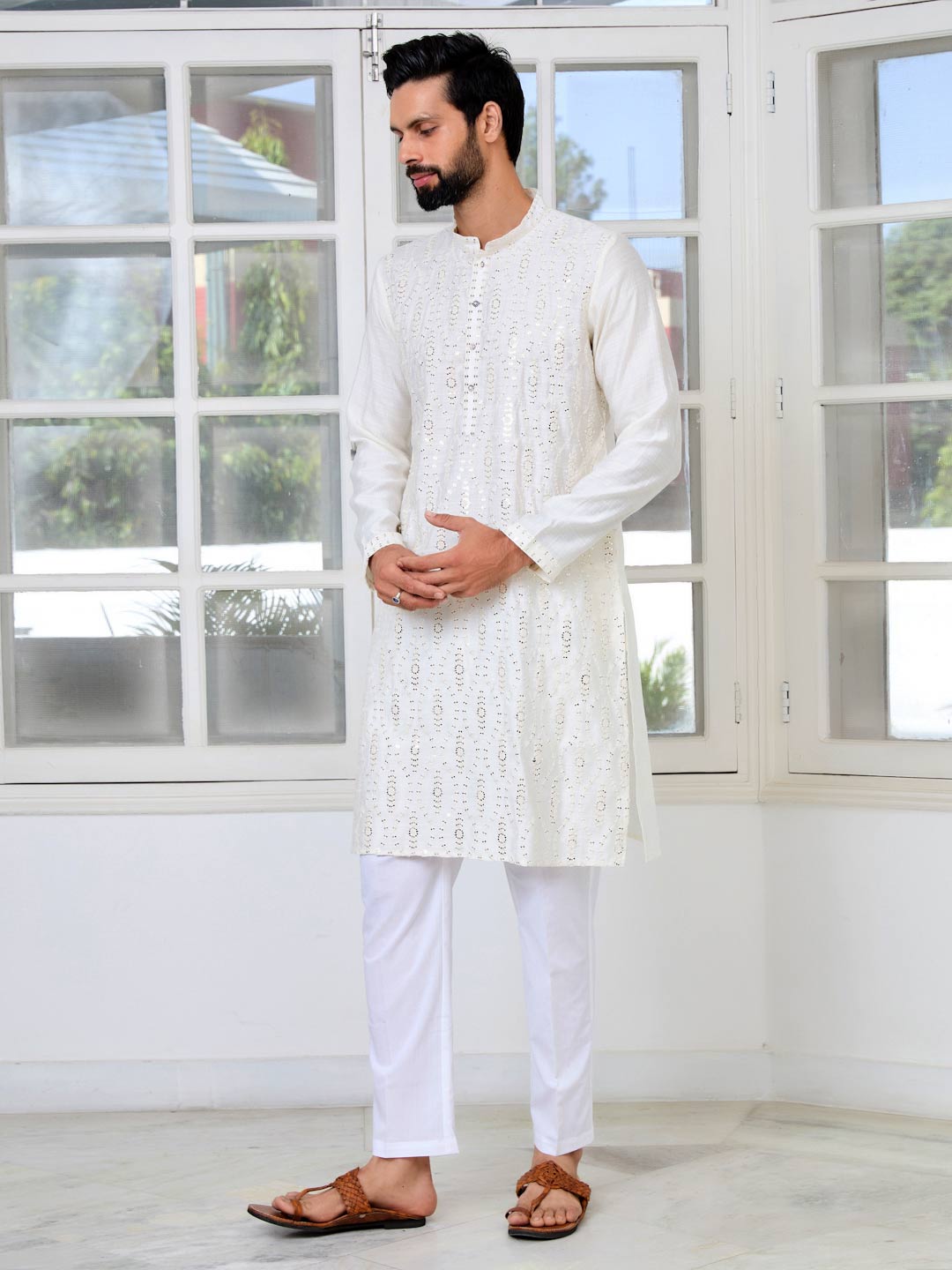 Cream Sequins Embroidered Straight Kurta with Pyjama with Pyjama