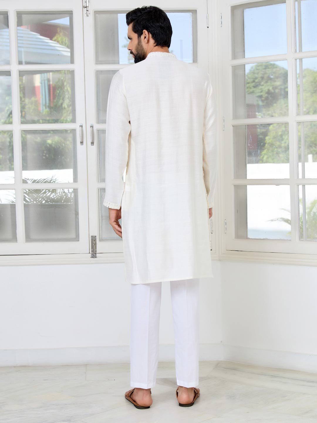 Cream Sequins Embroidered Straight Kurta with Pyjama with Pyjama