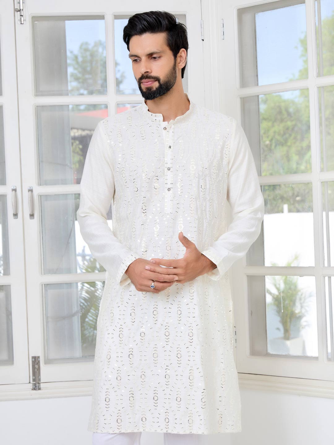 Cream Sequins Embroidered Straight Kurta with Pyjama with Pyjama