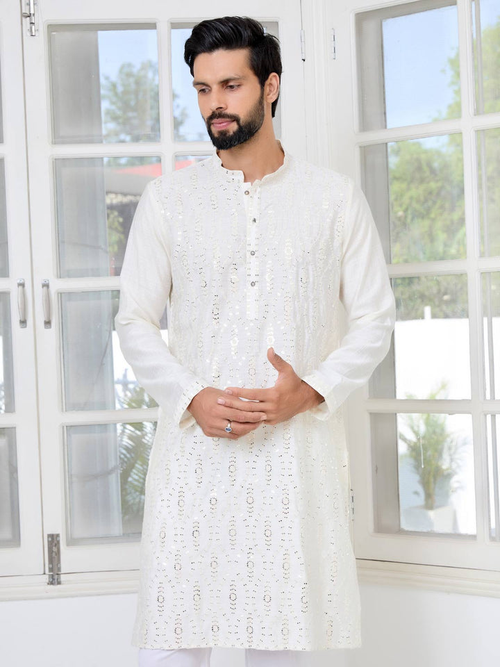 Cream Sequins Embroidered Straight Kurta with Pyjama with Pyjama