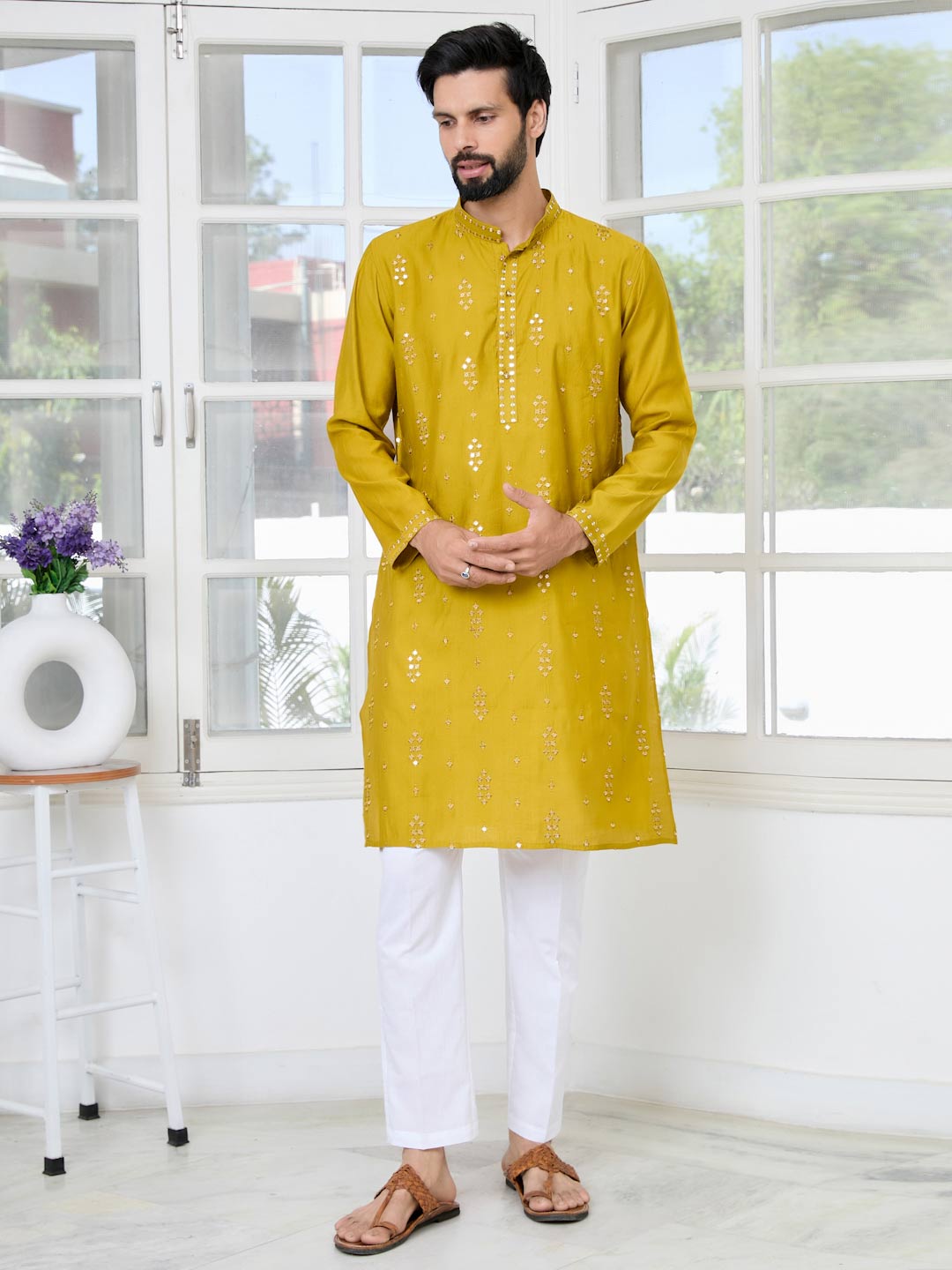 Mustard Sequins Embroidered Straight Kurta with Pyjama with Pyjama
