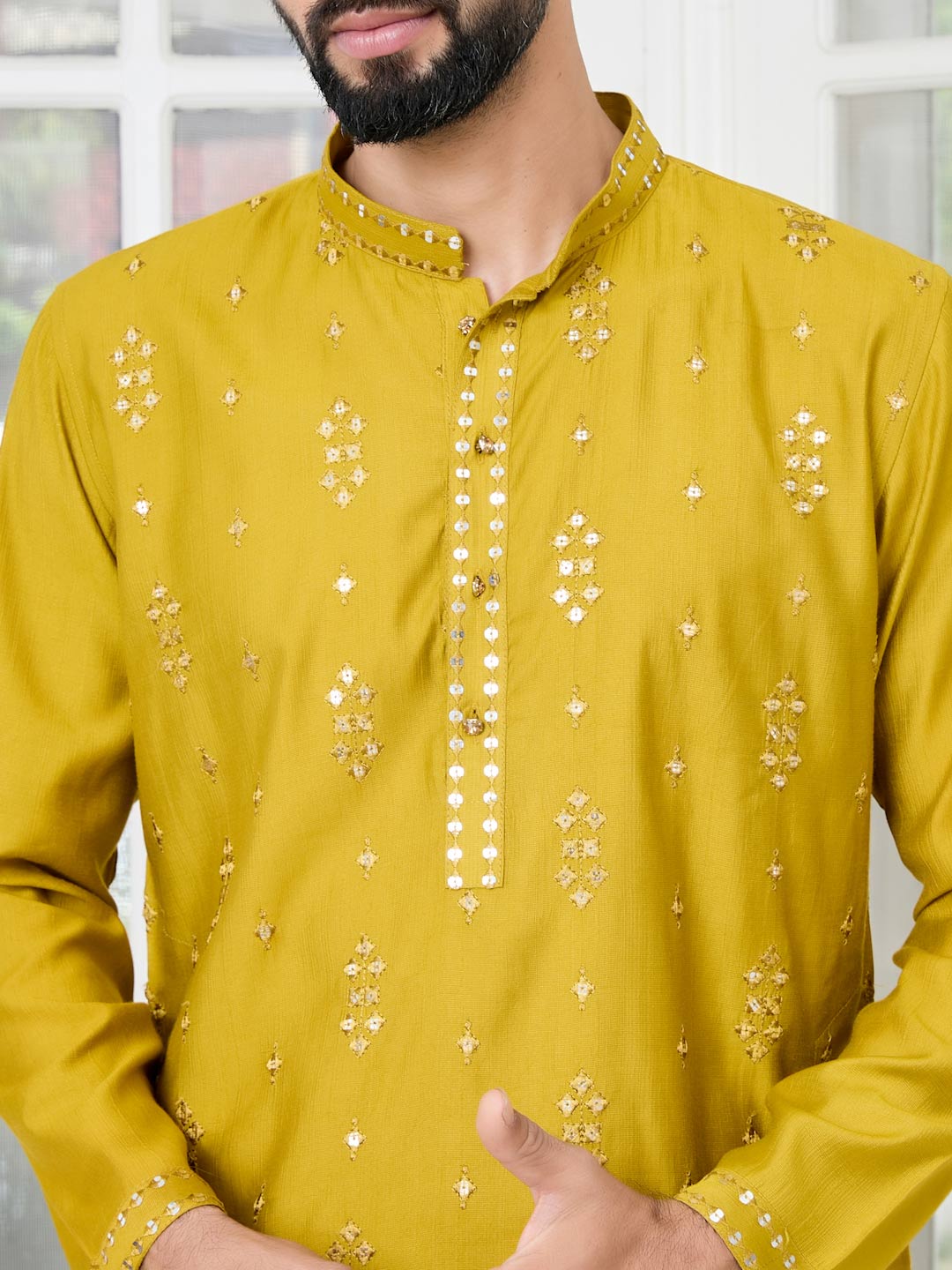 Mustard Sequins Embroidered Straight Kurta with Pyjama with Pyjama