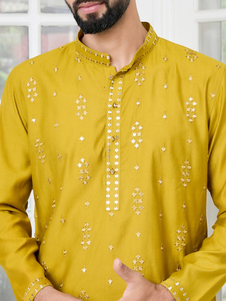 Mustard Sequins Embroidered Straight Kurta with Pyjama with Pyjama