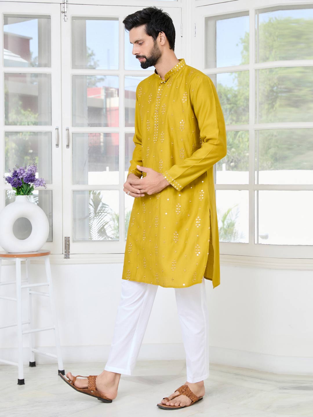 Mustard Sequins Embroidered Straight Kurta with Pyjama with Pyjama