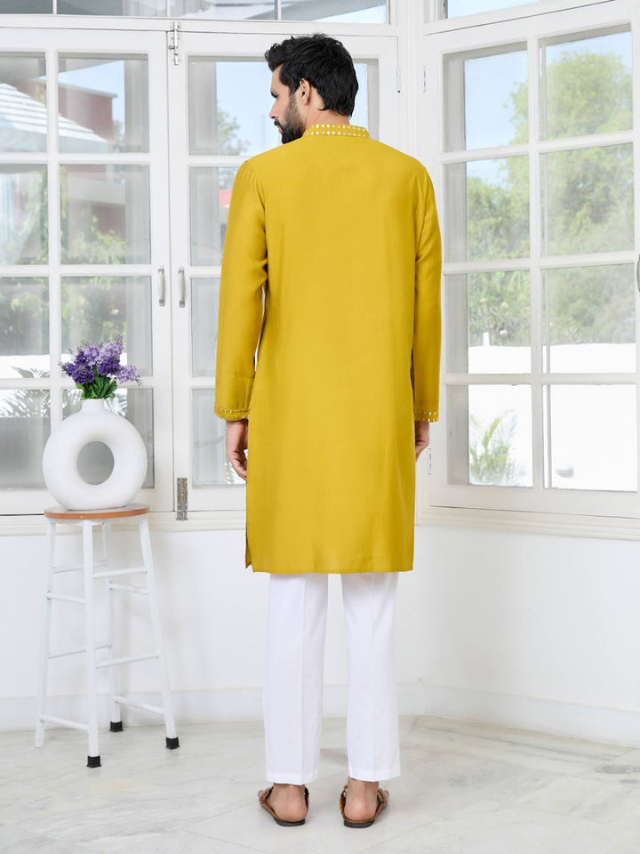 Mustard Sequins Embroidered Straight Kurta with Pyjama with Pyjama