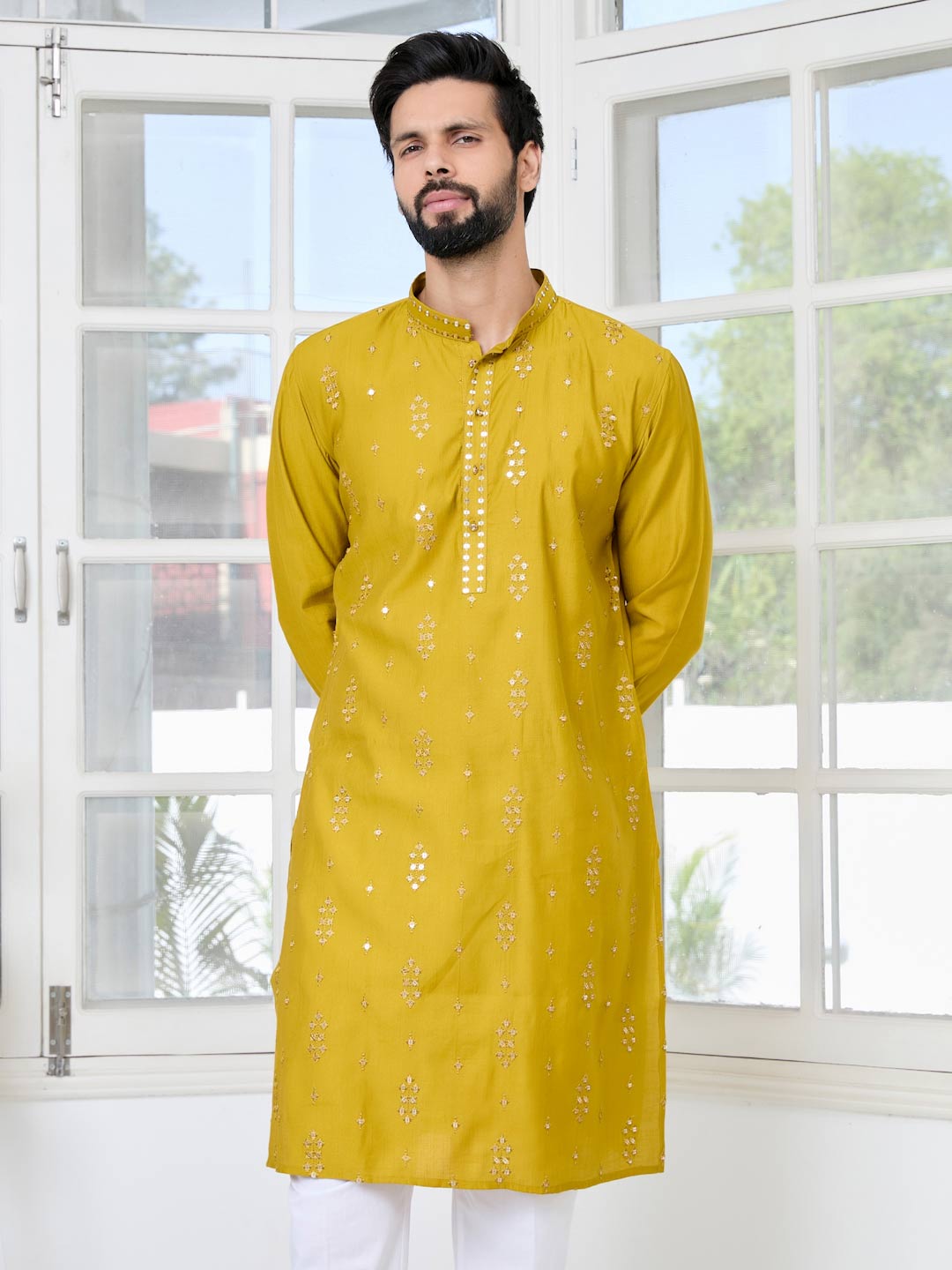 Mustard Sequins Embroidered Straight Kurta with Pyjama with Pyjama