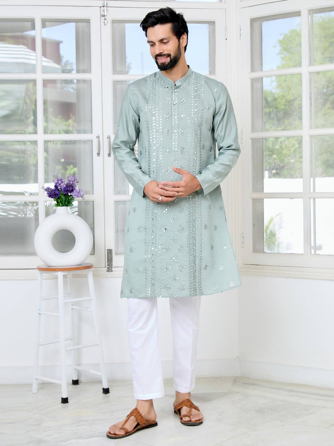 Gray Mirror Worked and sequin Embroidered Straight Kurta with Pyjama with Pyjama