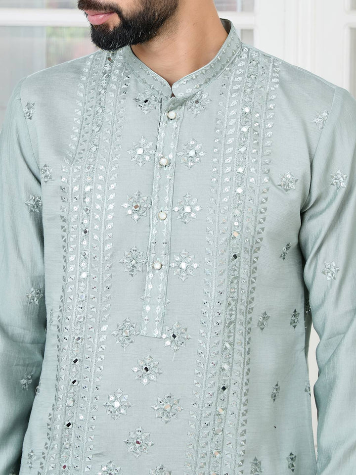 Gray Mirror Worked and sequin Embroidered Straight Kurta with Pyjama with Pyjama