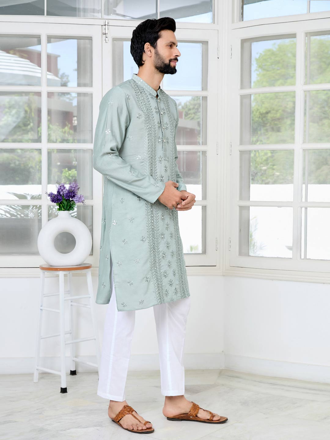 Gray Mirror Worked and sequin Embroidered Straight Kurta with Pyjama with Pyjama