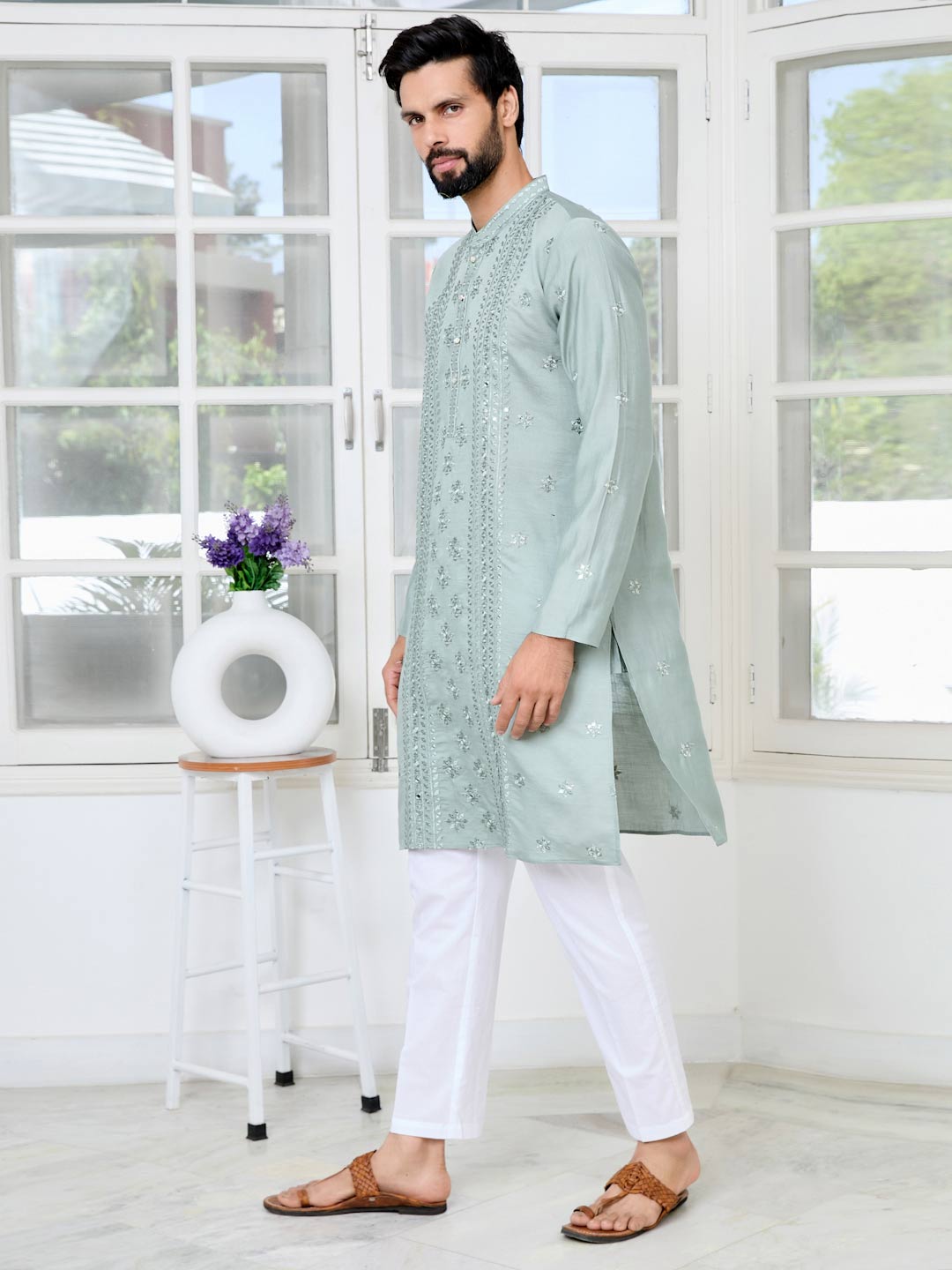 Gray Mirror Worked and sequin Embroidered Straight Kurta with Pyjama with Pyjama