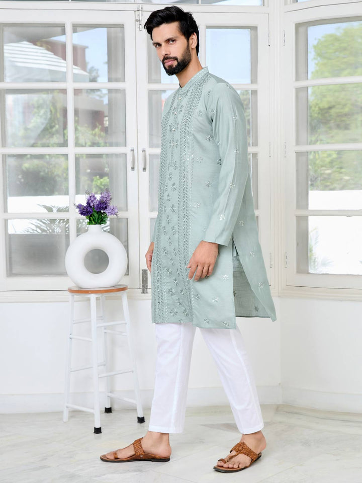 Gray Mirror Worked and sequin Embroidered Straight Kurta with Pyjama with Pyjama