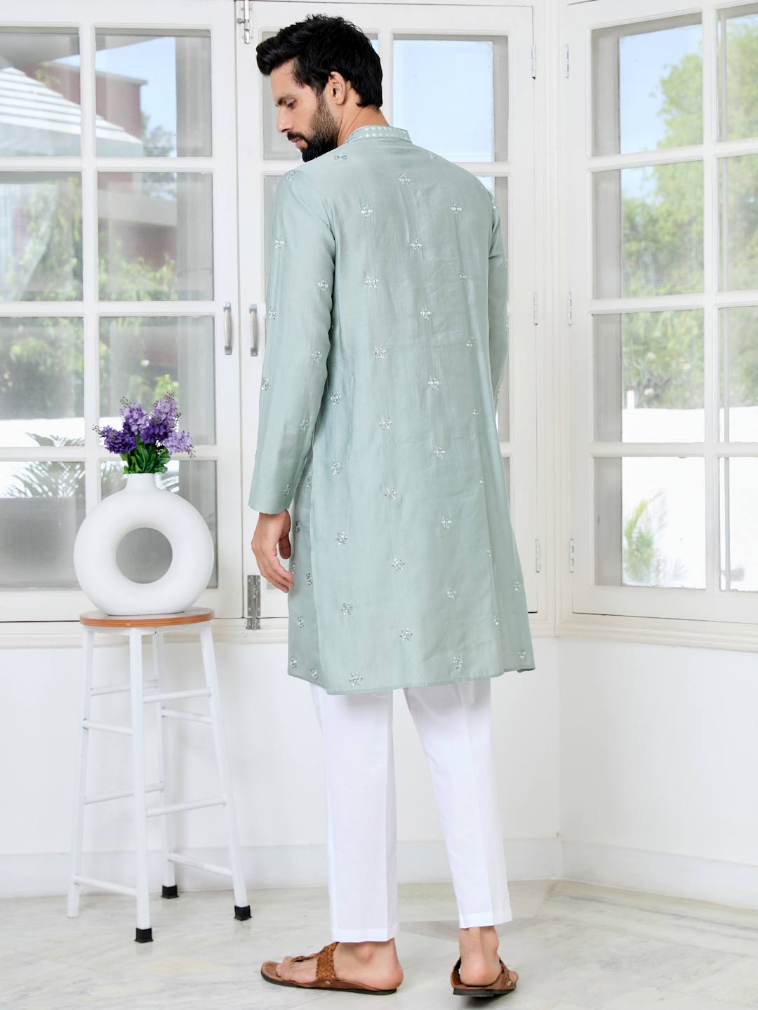 Gray Mirror Worked and sequin Embroidered Straight Kurta with Pyjama with Pyjama