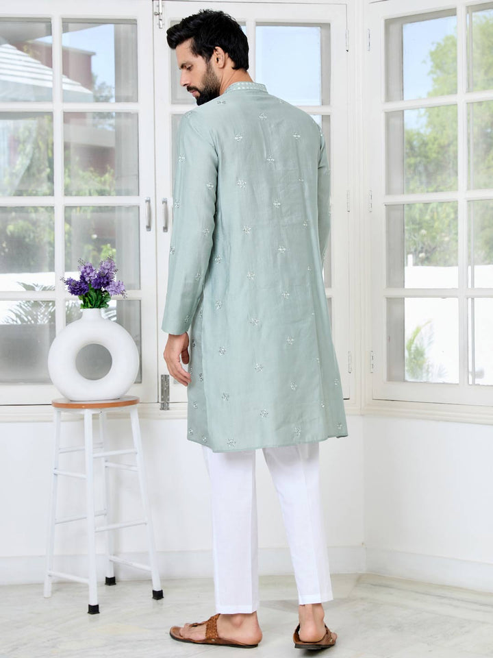 Gray Mirror Worked and sequin Embroidered Straight Kurta with Pyjama with Pyjama
