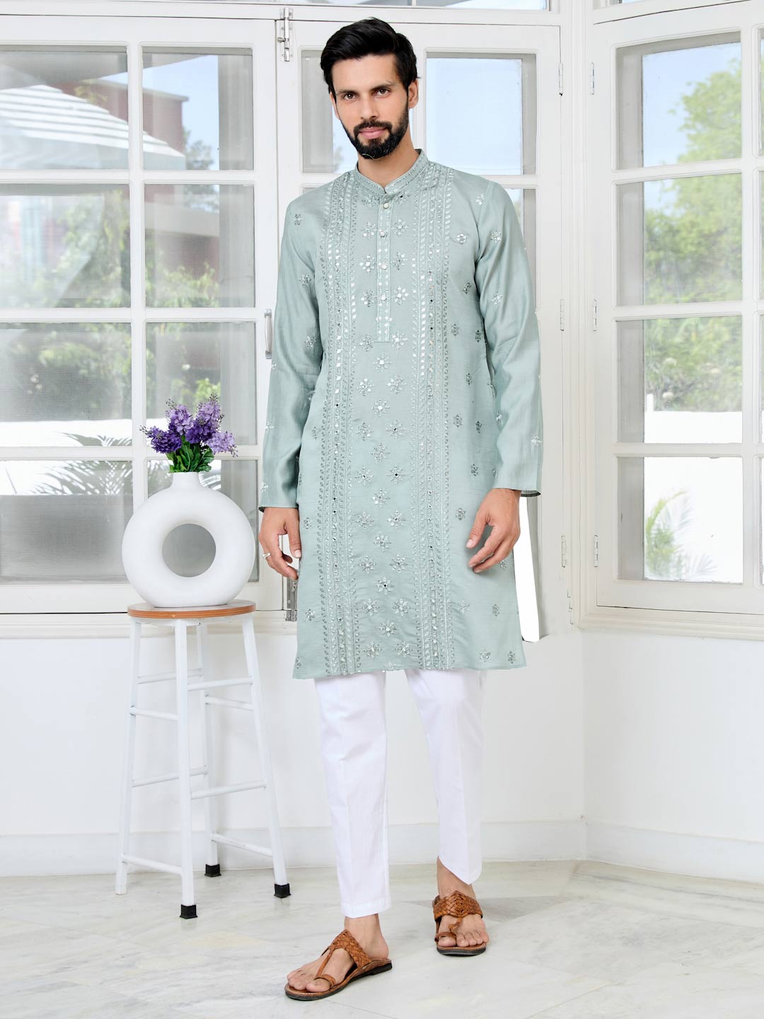 Gray Mirror Worked and sequin Embroidered Straight Kurta with Pyjama with Pyjama