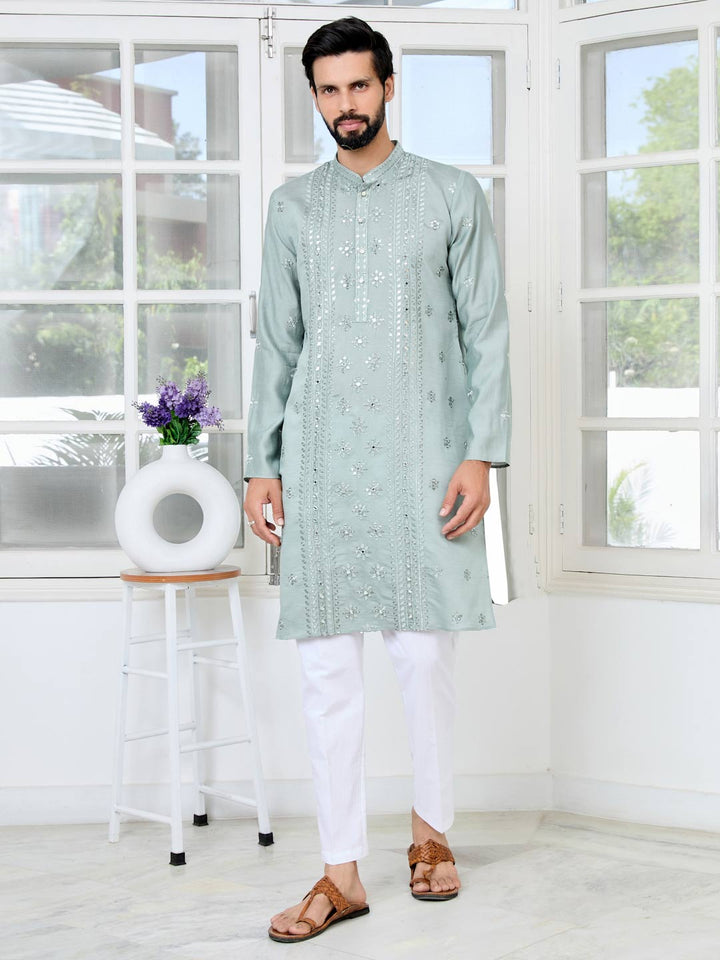 Gray Mirror Worked and sequin Embroidered Straight Kurta with Pyjama with Pyjama