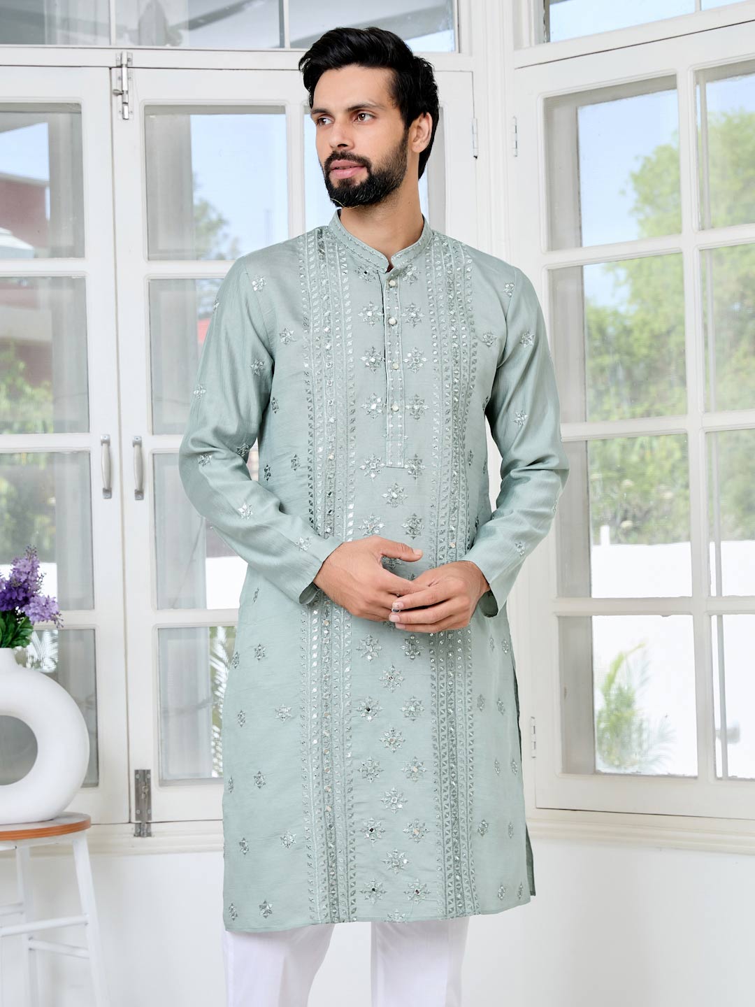 Gray Mirror Worked and sequin Embroidered Straight Kurta with Pyjama with Pyjama