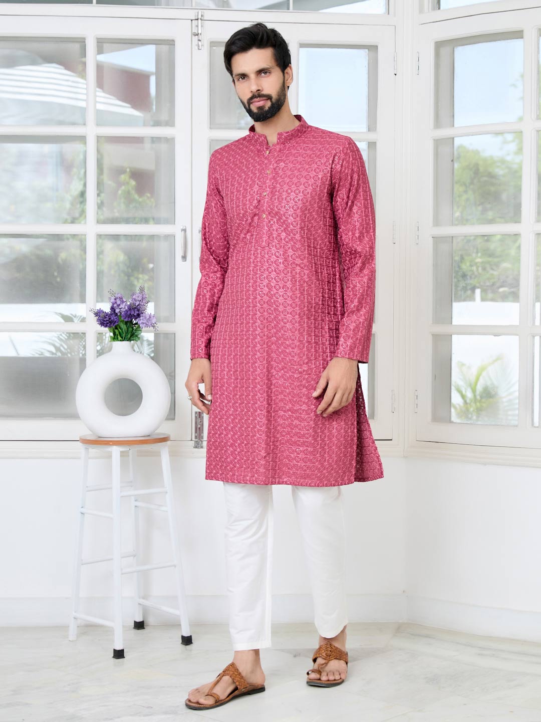 Red Thread Embroidered Straight Kurta with Pyjama with Pyjama