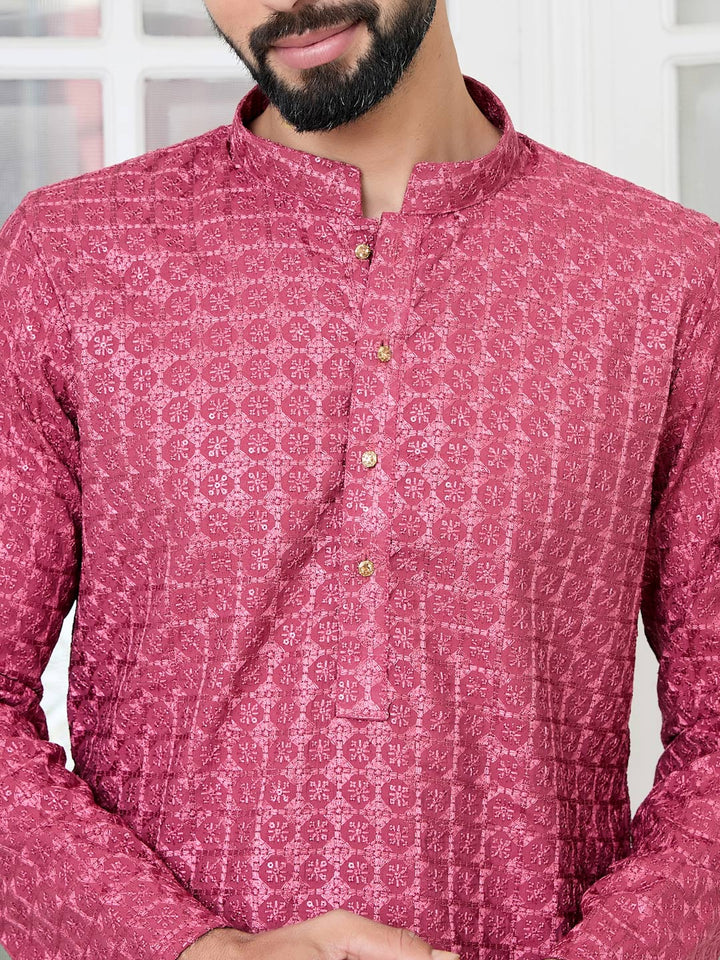 Red Thread Embroidered Straight Kurta with Pyjama with Pyjama