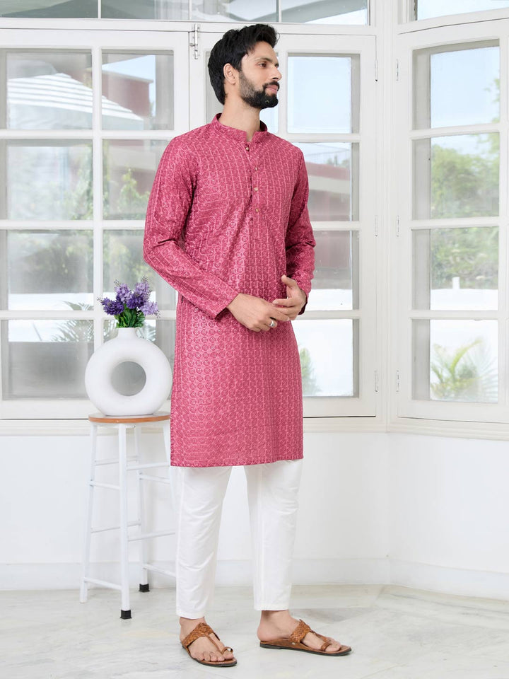 Red Thread Embroidered Straight Kurta with Pyjama with Pyjama