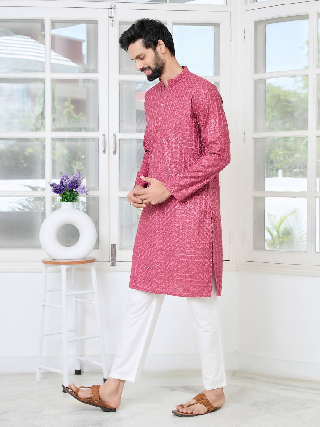 Red Thread Embroidered Straight Kurta with Pyjama with Pyjama
