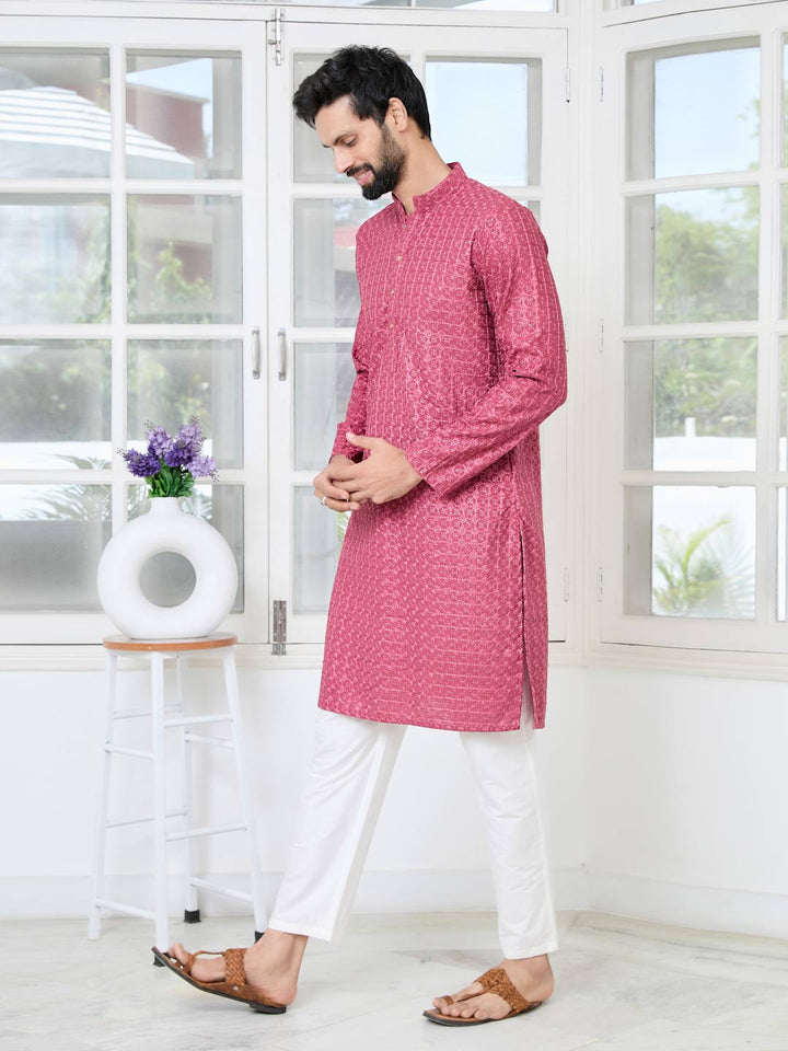Red Thread Embroidered Straight Kurta with Pyjama with Pyjama